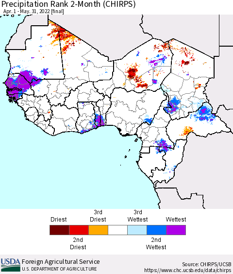 Western Africa Precipitation Rank since 1981, 2-Month (CHIRPS) Thematic Map For 4/1/2022 - 5/31/2022