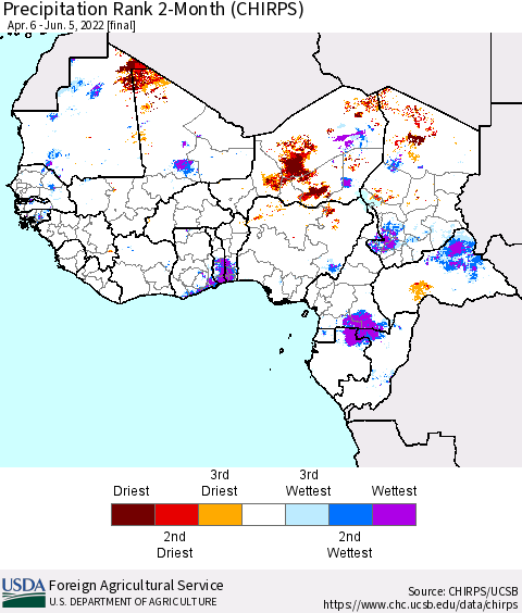 Western Africa Precipitation Rank since 1981, 2-Month (CHIRPS) Thematic Map For 4/6/2022 - 6/5/2022