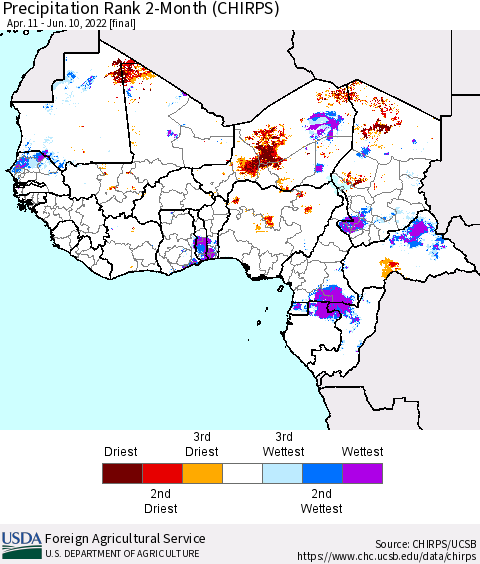 Western Africa Precipitation Rank since 1981, 2-Month (CHIRPS) Thematic Map For 4/11/2022 - 6/10/2022
