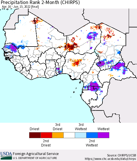 Western Africa Precipitation Rank since 1981, 2-Month (CHIRPS) Thematic Map For 4/16/2022 - 6/15/2022