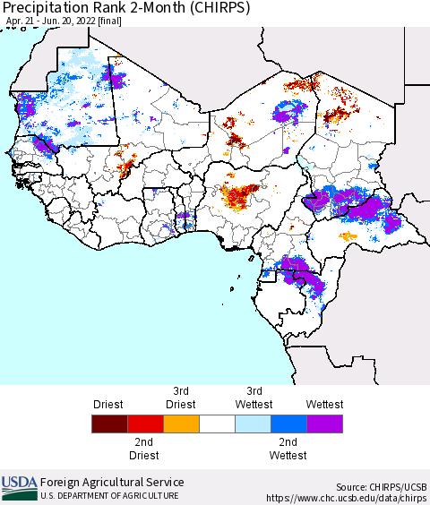Western Africa Precipitation Rank since 1981, 2-Month (CHIRPS) Thematic Map For 4/21/2022 - 6/20/2022
