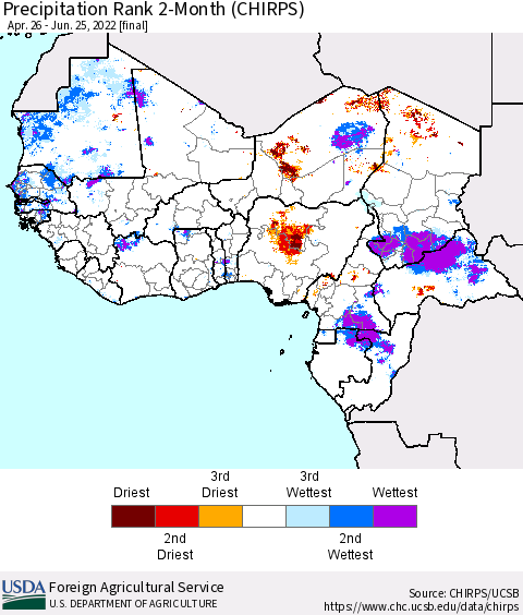 Western Africa Precipitation Rank since 1981, 2-Month (CHIRPS) Thematic Map For 4/26/2022 - 6/25/2022