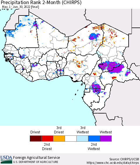 Western Africa Precipitation Rank since 1981, 2-Month (CHIRPS) Thematic Map For 5/1/2022 - 6/30/2022