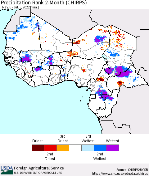 Western Africa Precipitation Rank since 1981, 2-Month (CHIRPS) Thematic Map For 5/6/2022 - 7/5/2022