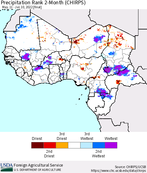 Western Africa Precipitation Rank since 1981, 2-Month (CHIRPS) Thematic Map For 5/11/2022 - 7/10/2022