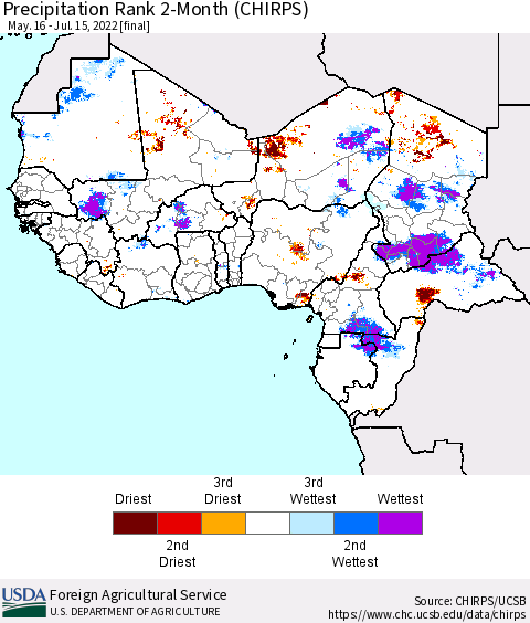 Western Africa Precipitation Rank since 1981, 2-Month (CHIRPS) Thematic Map For 5/16/2022 - 7/15/2022