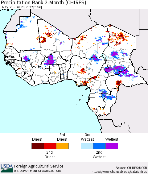 Western Africa Precipitation Rank since 1981, 2-Month (CHIRPS) Thematic Map For 5/21/2022 - 7/20/2022