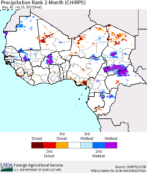 Western Africa Precipitation Rank since 1981, 2-Month (CHIRPS) Thematic Map For 5/26/2022 - 7/25/2022