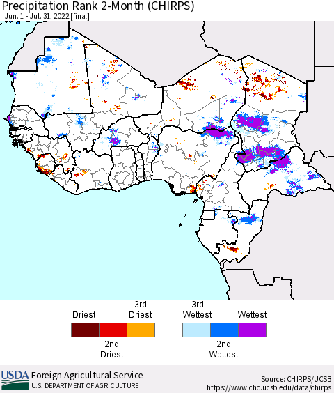 Western Africa Precipitation Rank since 1981, 2-Month (CHIRPS) Thematic Map For 6/1/2022 - 7/31/2022