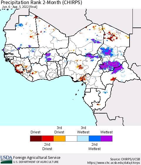 Western Africa Precipitation Rank since 1981, 2-Month (CHIRPS) Thematic Map For 6/6/2022 - 8/5/2022