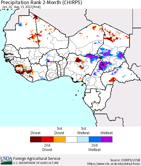 Western Africa Precipitation Rank since 1981, 2-Month (CHIRPS) Thematic Map For 6/16/2022 - 8/15/2022