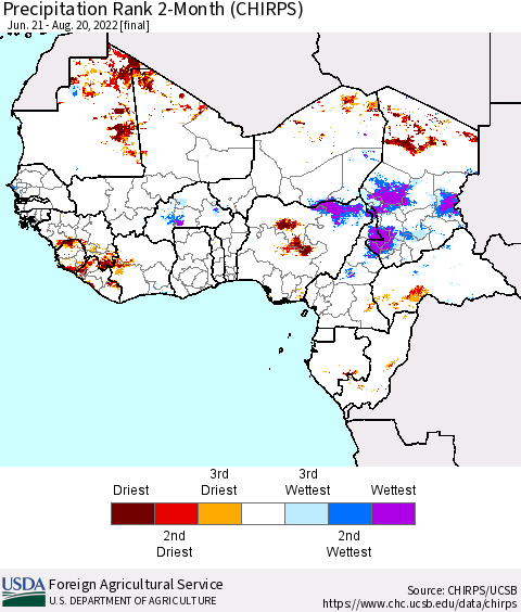 Western Africa Precipitation Rank since 1981, 2-Month (CHIRPS) Thematic Map For 6/21/2022 - 8/20/2022