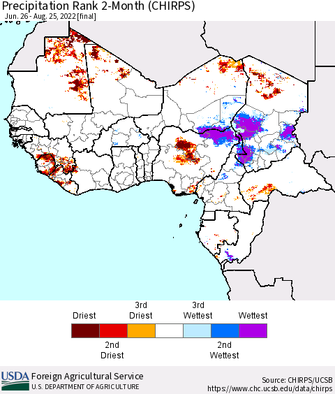 Western Africa Precipitation Rank since 1981, 2-Month (CHIRPS) Thematic Map For 6/26/2022 - 8/25/2022