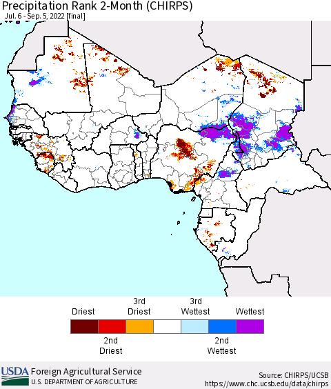 Western Africa Precipitation Rank since 1981, 2-Month (CHIRPS) Thematic Map For 7/6/2022 - 9/5/2022