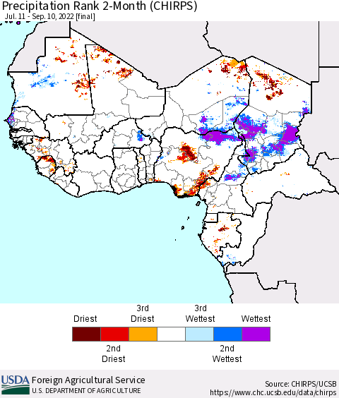 Western Africa Precipitation Rank since 1981, 2-Month (CHIRPS) Thematic Map For 7/11/2022 - 9/10/2022