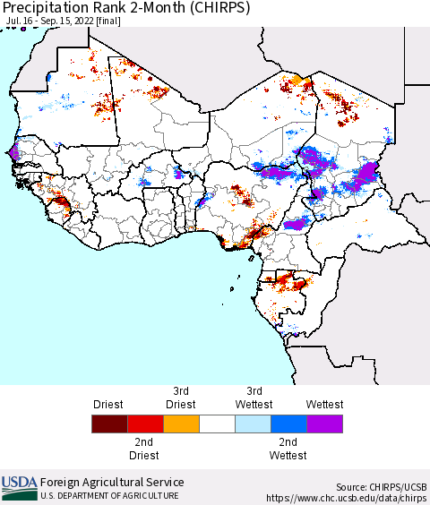 Western Africa Precipitation Rank since 1981, 2-Month (CHIRPS) Thematic Map For 7/16/2022 - 9/15/2022