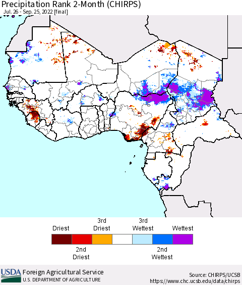 Western Africa Precipitation Rank since 1981, 2-Month (CHIRPS) Thematic Map For 7/26/2022 - 9/25/2022