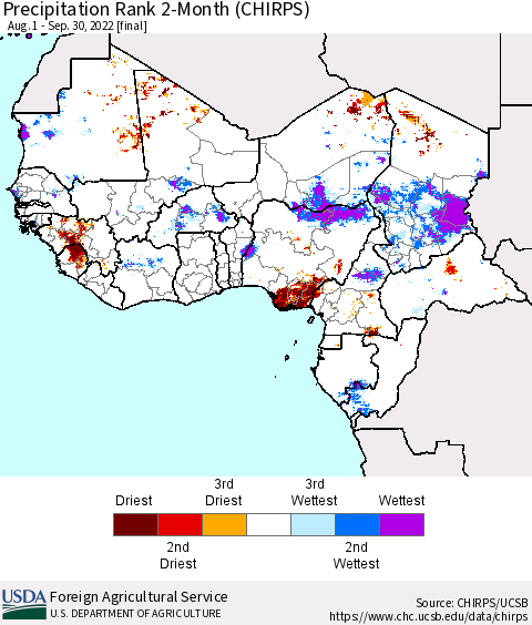Western Africa Precipitation Rank since 1981, 2-Month (CHIRPS) Thematic Map For 8/1/2022 - 9/30/2022