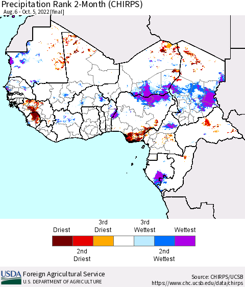 Western Africa Precipitation Rank since 1981, 2-Month (CHIRPS) Thematic Map For 8/6/2022 - 10/5/2022