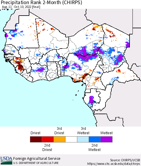 Western Africa Precipitation Rank since 1981, 2-Month (CHIRPS) Thematic Map For 8/11/2022 - 10/10/2022