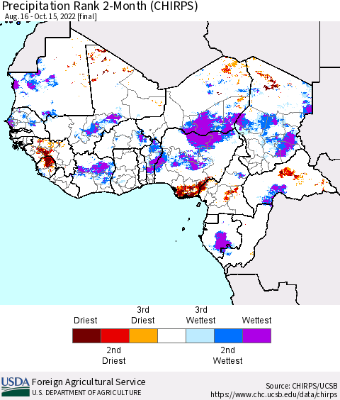Western Africa Precipitation Rank since 1981, 2-Month (CHIRPS) Thematic Map For 8/16/2022 - 10/15/2022