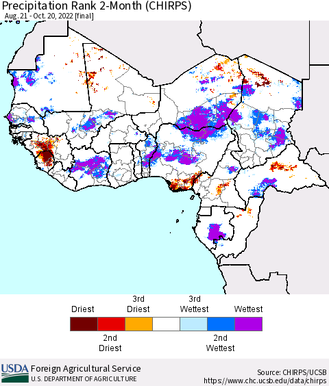 Western Africa Precipitation Rank since 1981, 2-Month (CHIRPS) Thematic Map For 8/21/2022 - 10/20/2022