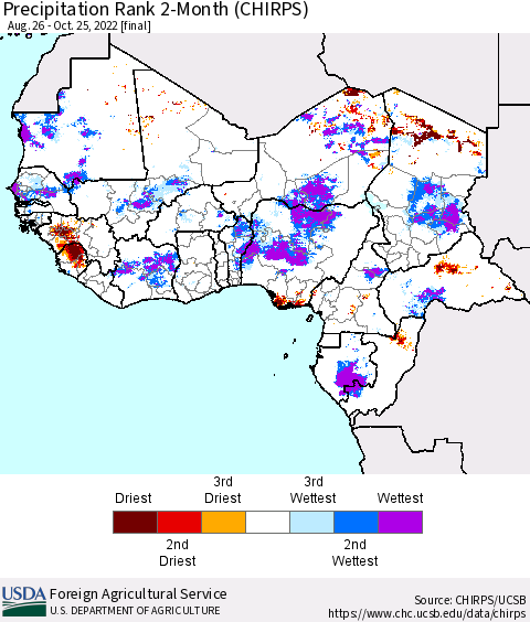 Western Africa Precipitation Rank since 1981, 2-Month (CHIRPS) Thematic Map For 8/26/2022 - 10/25/2022