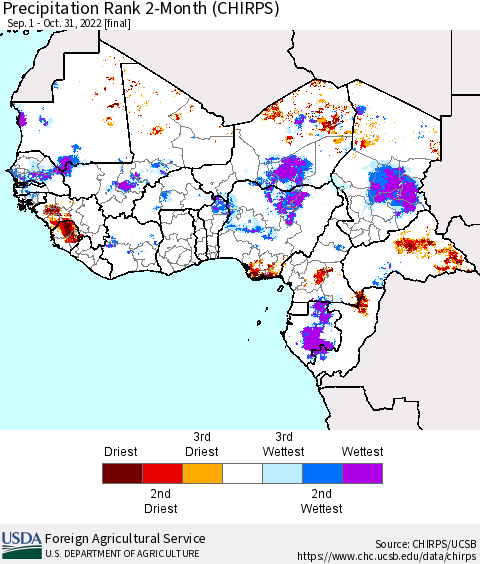 Western Africa Precipitation Rank since 1981, 2-Month (CHIRPS) Thematic Map For 9/1/2022 - 10/31/2022