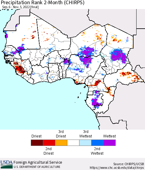 Western Africa Precipitation Rank since 1981, 2-Month (CHIRPS) Thematic Map For 9/6/2022 - 11/5/2022