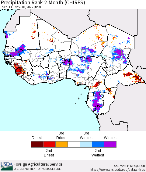 Western Africa Precipitation Rank since 1981, 2-Month (CHIRPS) Thematic Map For 9/11/2022 - 11/10/2022