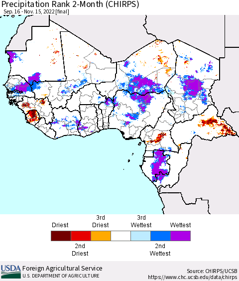 Western Africa Precipitation Rank since 1981, 2-Month (CHIRPS) Thematic Map For 9/16/2022 - 11/15/2022