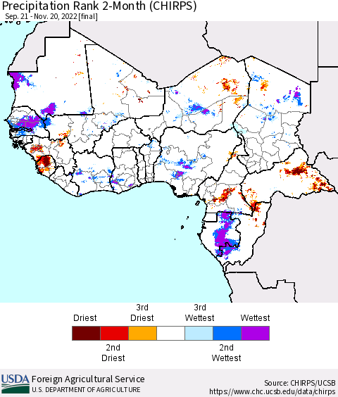 Western Africa Precipitation Rank since 1981, 2-Month (CHIRPS) Thematic Map For 9/21/2022 - 11/20/2022