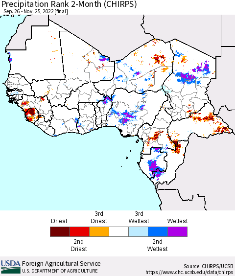 Western Africa Precipitation Rank since 1981, 2-Month (CHIRPS) Thematic Map For 9/26/2022 - 11/25/2022