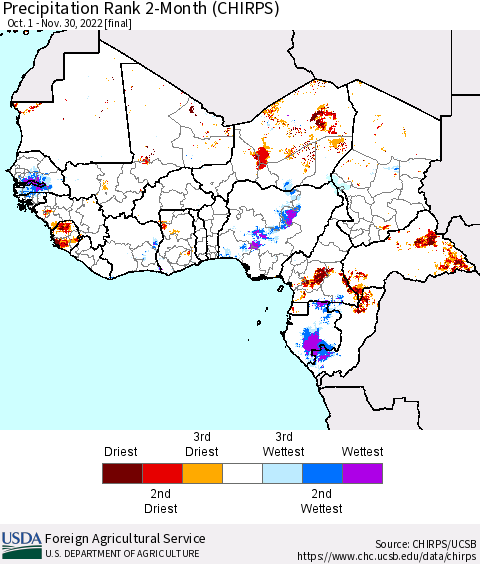 Western Africa Precipitation Rank since 1981, 2-Month (CHIRPS) Thematic Map For 10/1/2022 - 11/30/2022