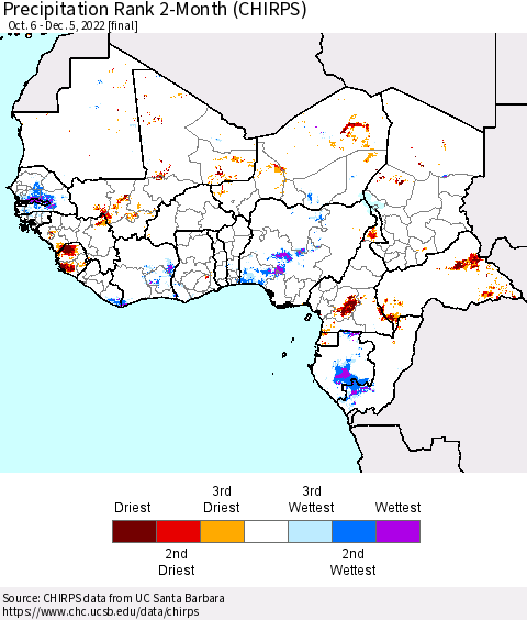 Western Africa Precipitation Rank since 1981, 2-Month (CHIRPS) Thematic Map For 10/6/2022 - 12/5/2022