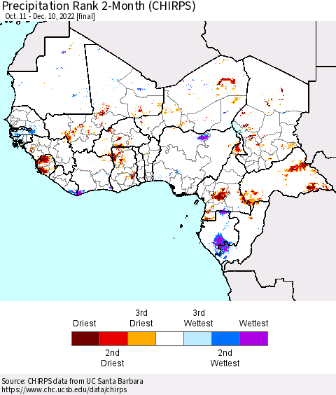 Western Africa Precipitation Rank since 1981, 2-Month (CHIRPS) Thematic Map For 10/11/2022 - 12/10/2022