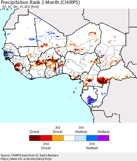 Western Africa Precipitation Rank since 1981, 2-Month (CHIRPS) Thematic Map For 10/16/2022 - 12/15/2022