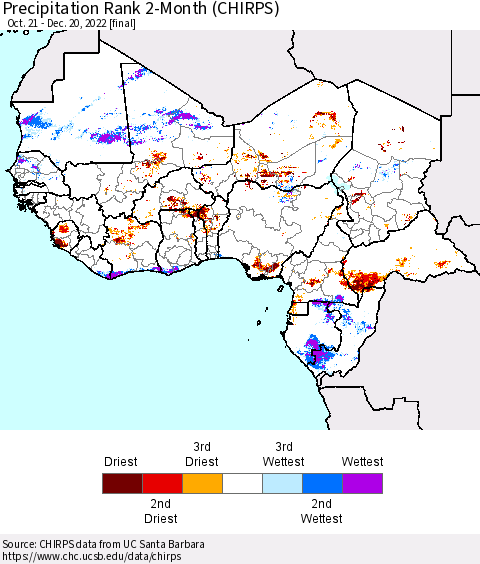 Western Africa Precipitation Rank since 1981, 2-Month (CHIRPS) Thematic Map For 10/21/2022 - 12/20/2022