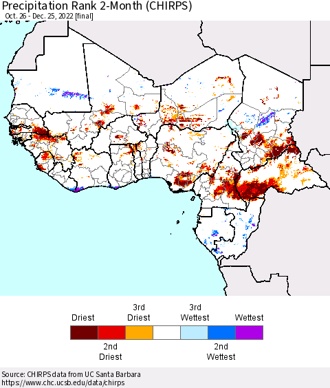 Western Africa Precipitation Rank since 1981, 2-Month (CHIRPS) Thematic Map For 10/26/2022 - 12/25/2022