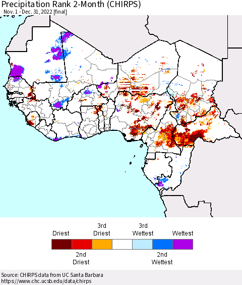 Western Africa Precipitation Rank since 1981, 2-Month (CHIRPS) Thematic Map For 11/1/2022 - 12/31/2022