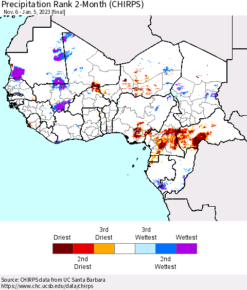 Western Africa Precipitation Rank since 1981, 2-Month (CHIRPS) Thematic Map For 11/6/2022 - 1/5/2023