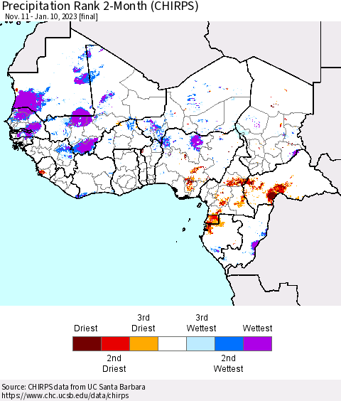 Western Africa Precipitation Rank since 1981, 2-Month (CHIRPS) Thematic Map For 11/11/2022 - 1/10/2023
