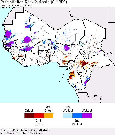 Western Africa Precipitation Rank since 1981, 2-Month (CHIRPS) Thematic Map For 11/16/2022 - 1/15/2023