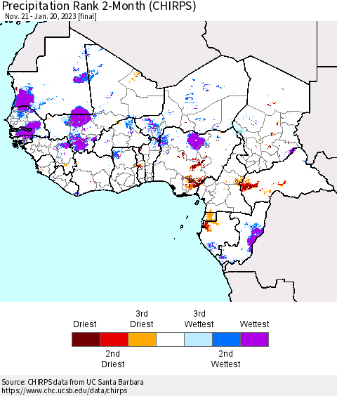 Western Africa Precipitation Rank since 1981, 2-Month (CHIRPS) Thematic Map For 11/21/2022 - 1/20/2023
