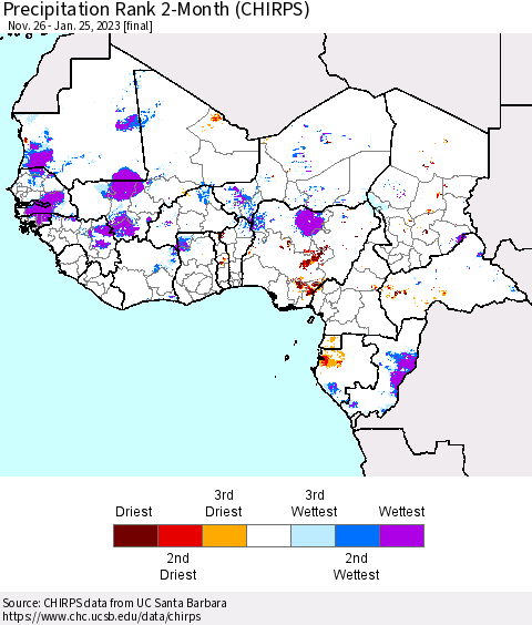 Western Africa Precipitation Rank since 1981, 2-Month (CHIRPS) Thematic Map For 11/26/2022 - 1/25/2023