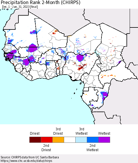 Western Africa Precipitation Rank since 1981, 2-Month (CHIRPS) Thematic Map For 12/1/2022 - 1/31/2023