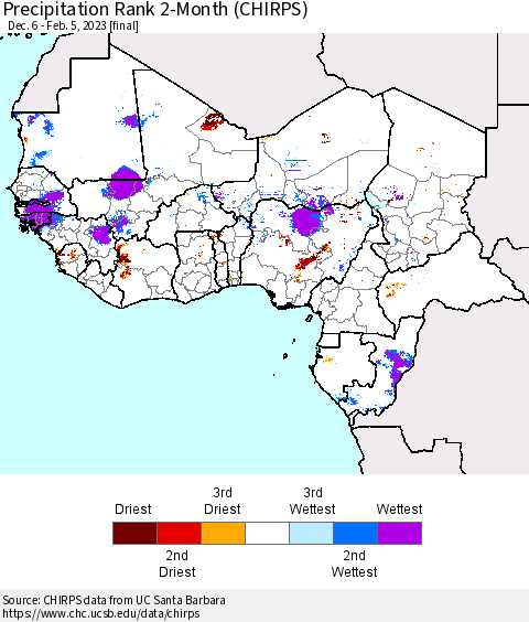Western Africa Precipitation Rank since 1981, 2-Month (CHIRPS) Thematic Map For 12/6/2022 - 2/5/2023