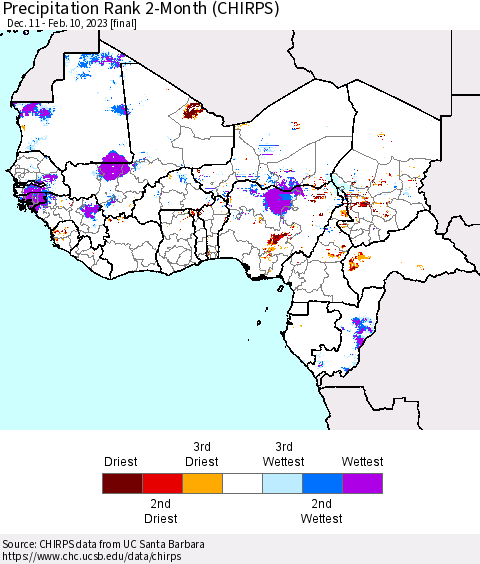 Western Africa Precipitation Rank since 1981, 2-Month (CHIRPS) Thematic Map For 12/11/2022 - 2/10/2023