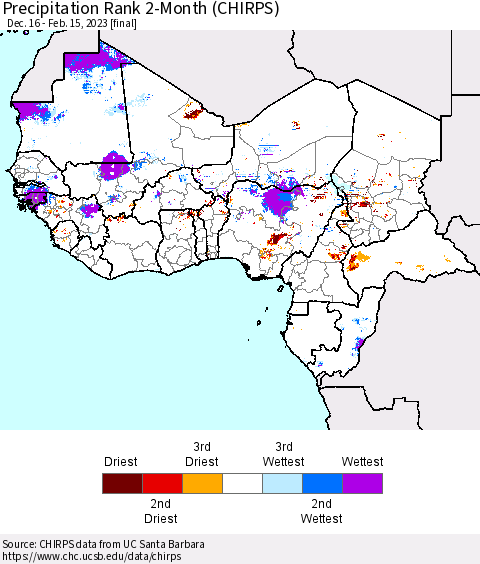 Western Africa Precipitation Rank since 1981, 2-Month (CHIRPS) Thematic Map For 12/16/2022 - 2/15/2023
