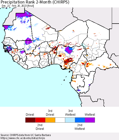 Western Africa Precipitation Rank since 1981, 2-Month (CHIRPS) Thematic Map For 12/21/2022 - 2/20/2023